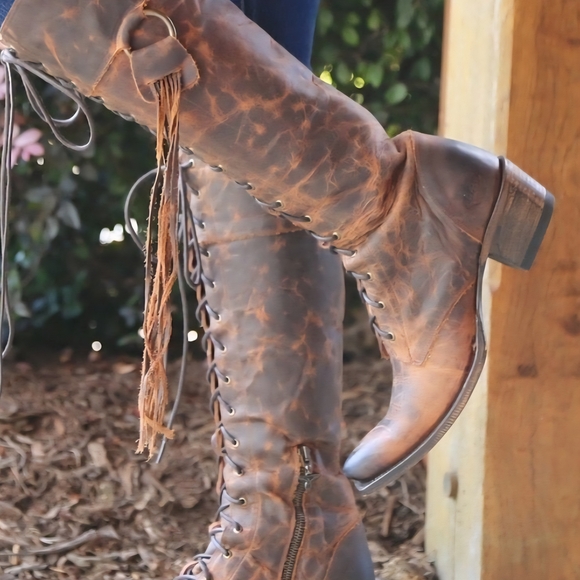 Red and Brown Lace Up Boots with Distressed Leather - Picture 2 of 8
